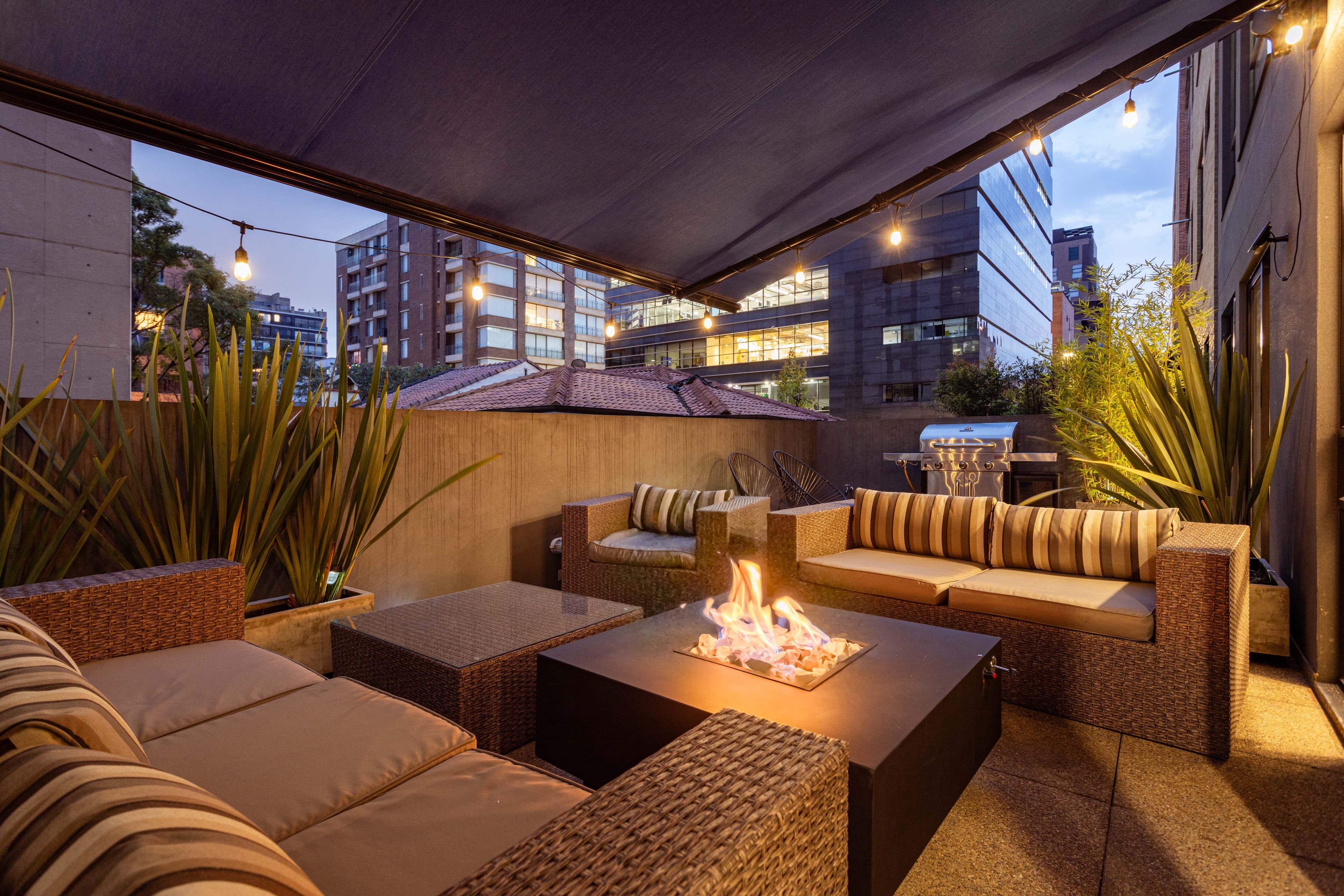 Outdoor lounge prepared for cooler weather